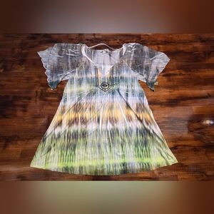 ONE WORLD L Embroidered Top with Lace Butterfly Sleeves Tie Dye Whimsy Fairycore